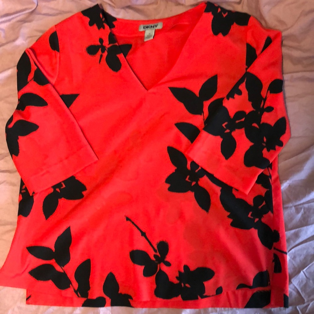 DKNY Red and Black Light Floral Blouse